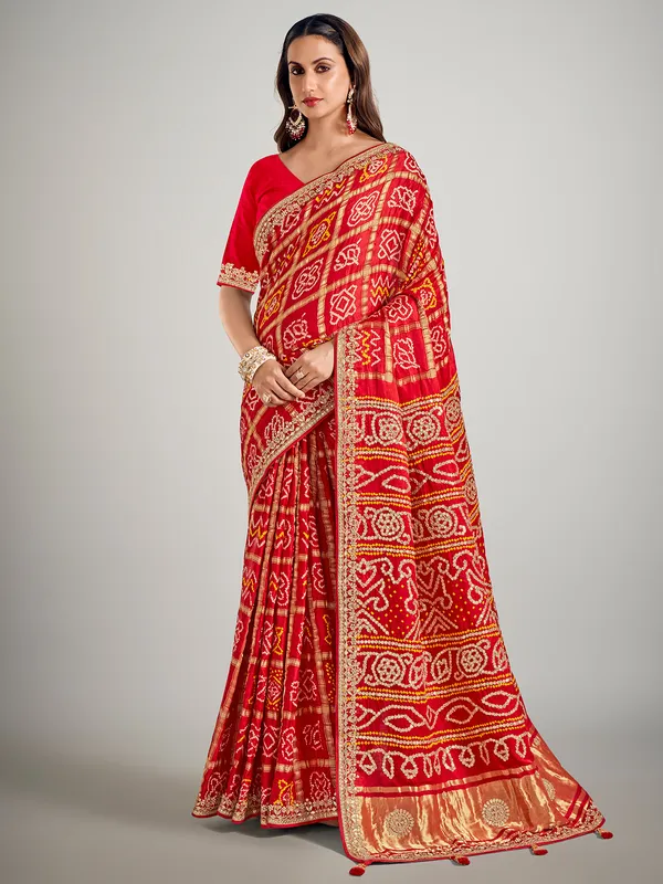 Red printed gajji silk saree for wedding