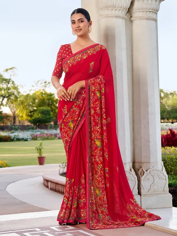 Red printed georgette saree for festive moments