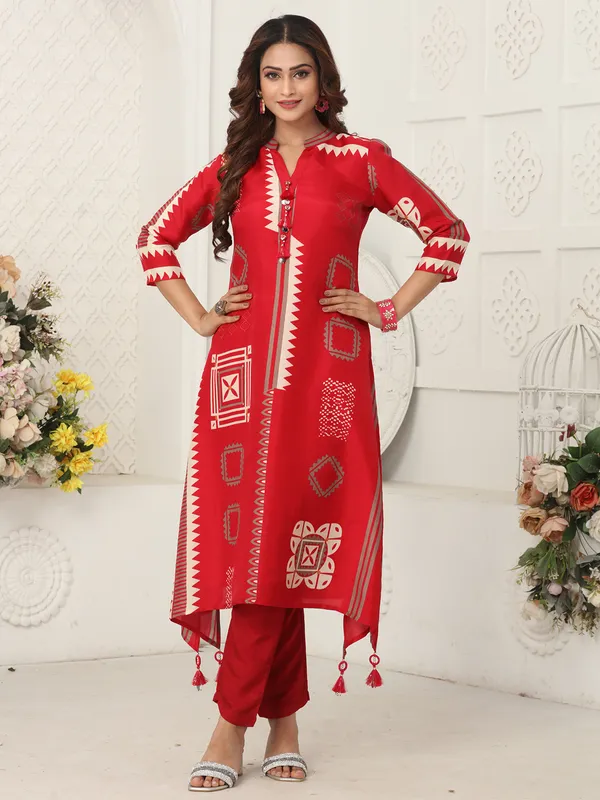 Red printed kurti set in russian silk