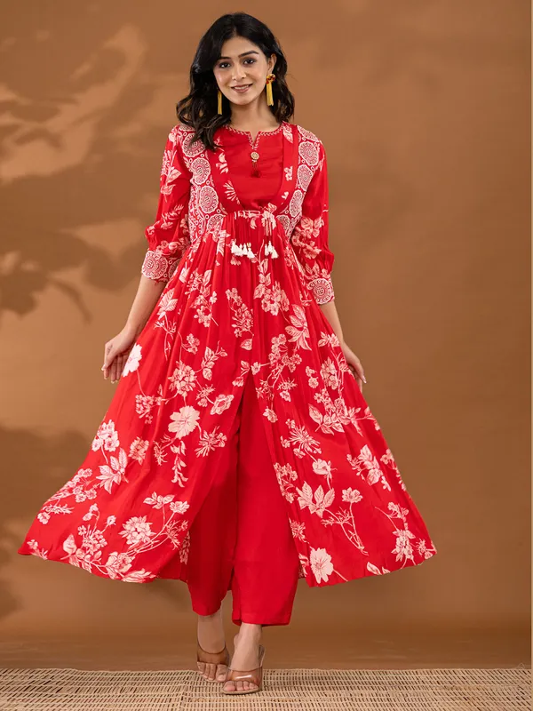 Red printed kurti set in silk