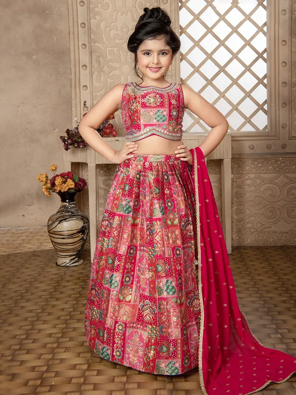 Red printed lehenga choli with silk