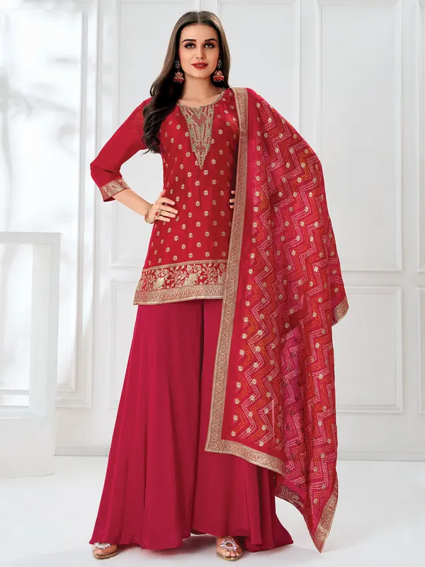 Red printed organza festive wear palazzo suit