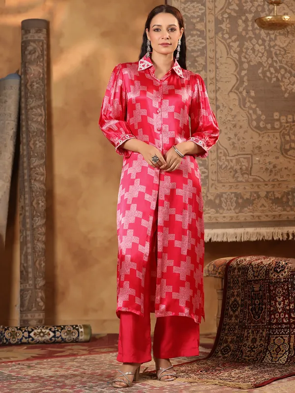 Red printed satin silk kurti set