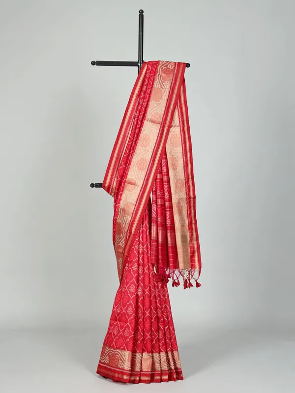 Red printed semi cotton silk saree for women