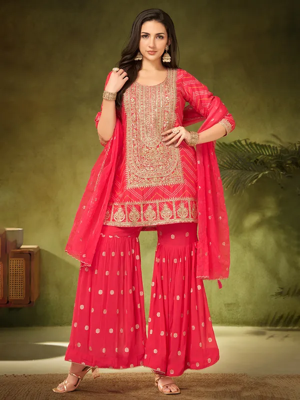 Red printed sharara suit for wedding wear