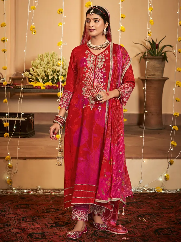 Red printed silk festive wear salwar suit
