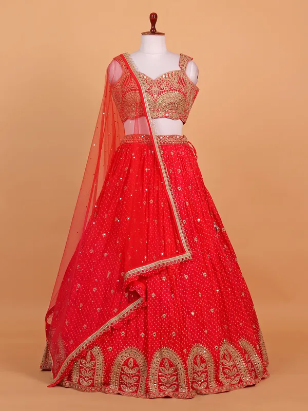 Red printed silk lehenga choli for women