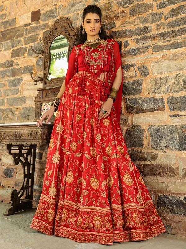 Red printed silk lehenga choli with shrug