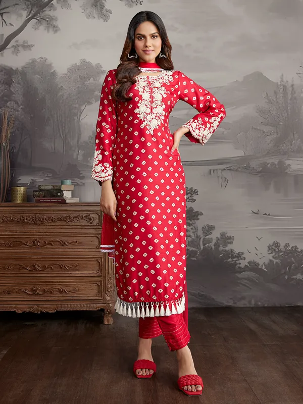 Red printed silk salwar suit with dupatta