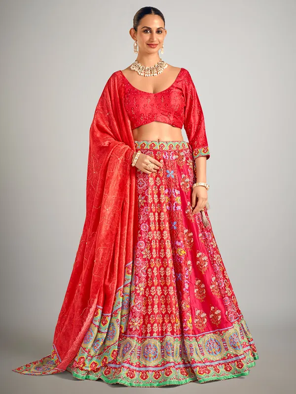 Red printed silk wedding wear lahenga choli