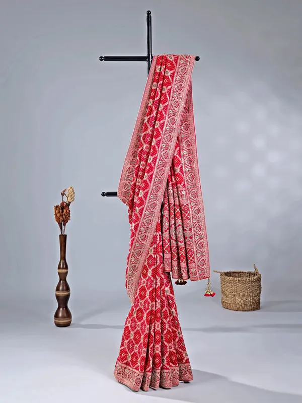 Red printed silk wedding wear saree