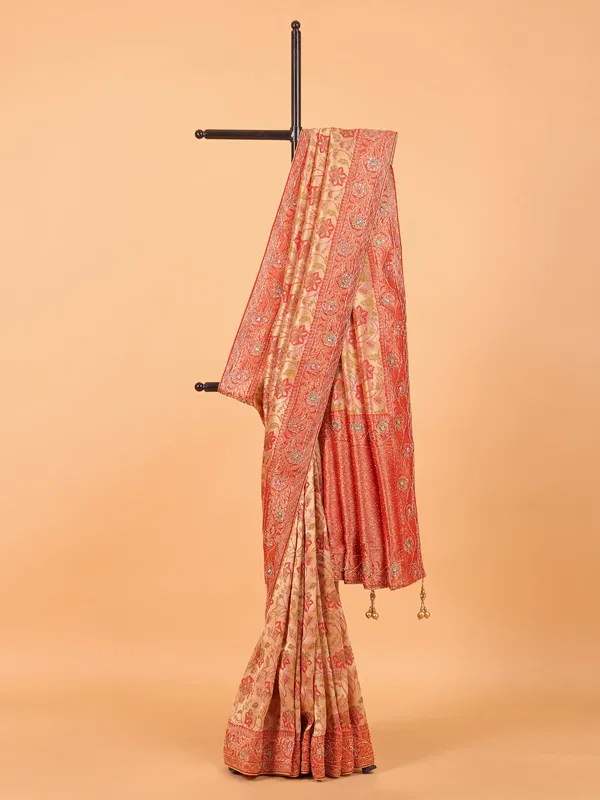 Red printed wedding saree in dola silk