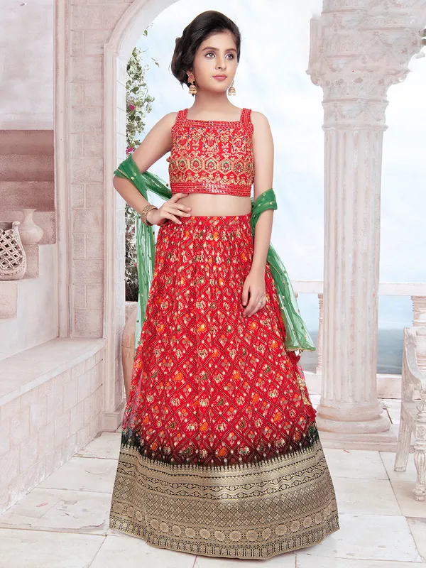 Red printed wedding wear ombre style lehenga choli