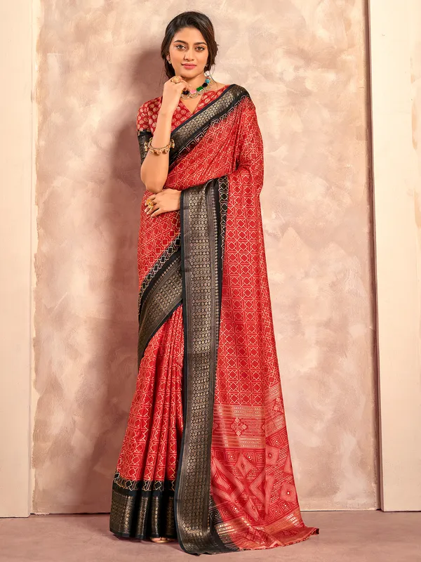 Red printed zari worked dola silk saree