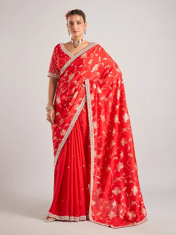 Red pure dola silk wedding wear saree