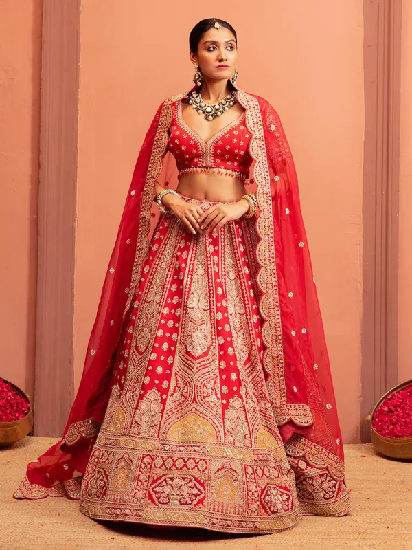 Red raw silk bridal lehenga choli with sweetheart neckline