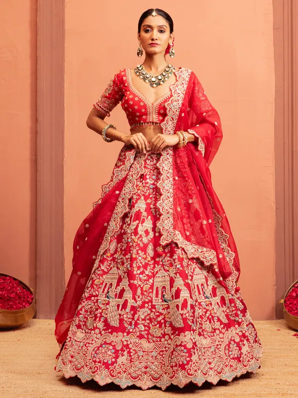 Red raw silk Lehenga Choli with Intricate Embellishments