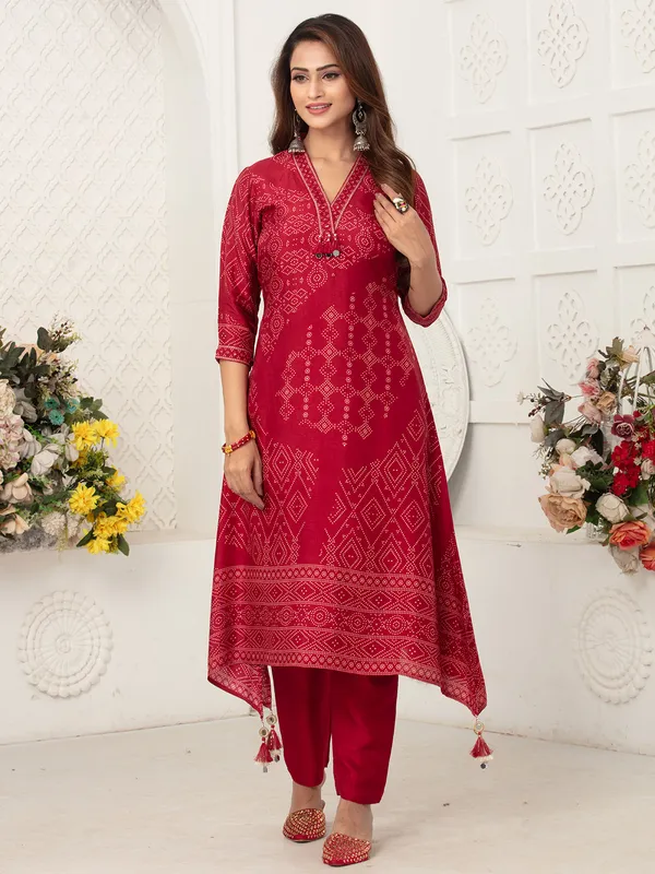 Red russian silk kurti set with print