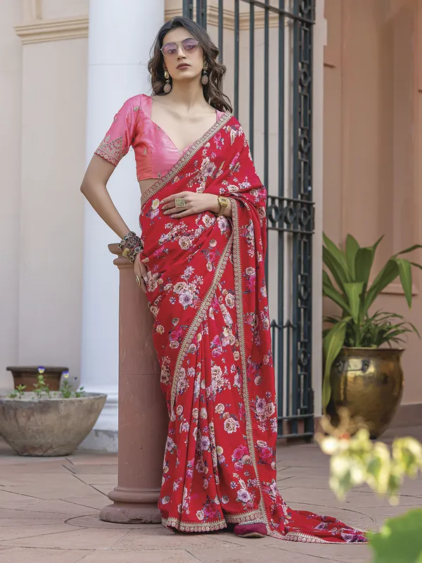 Red saree in elegant viscose dola silk