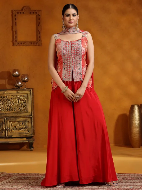 Red satin silk palazzo suit for wedding