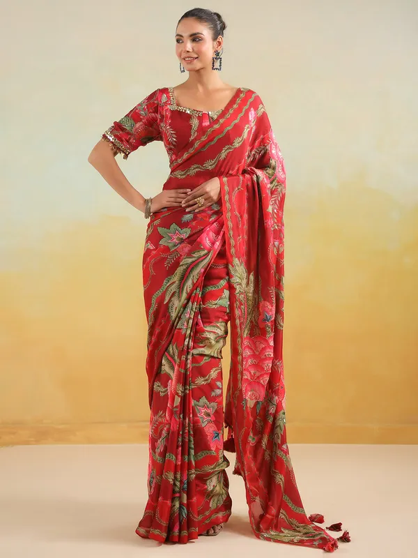Red satin silk printed saree for party wear