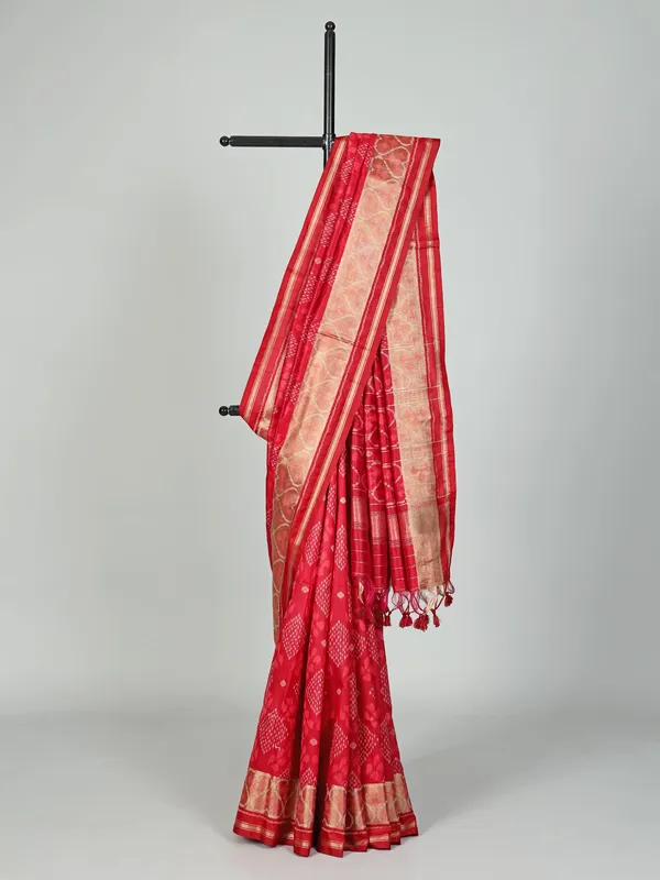 Red semi cotton silk saree for festive wear