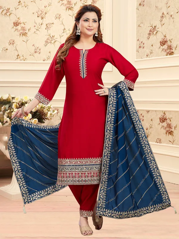 Red sequins worked silk salwar suit