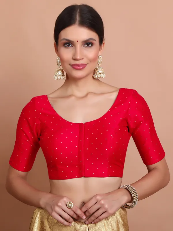 Red silk blouse with zari round neck finish