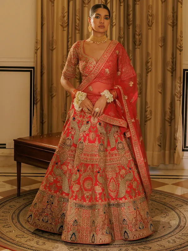 Red silk bridal lehenga choli with resham work