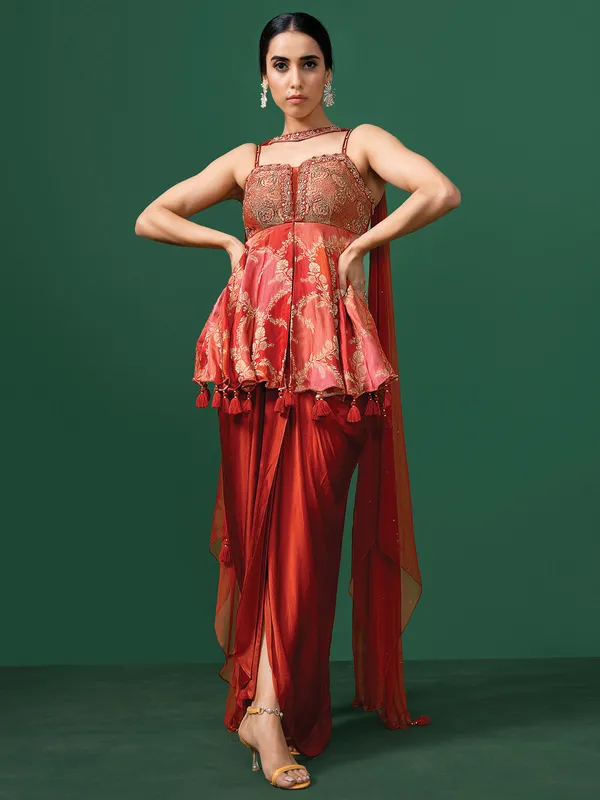 Red silk designer indowestern for women