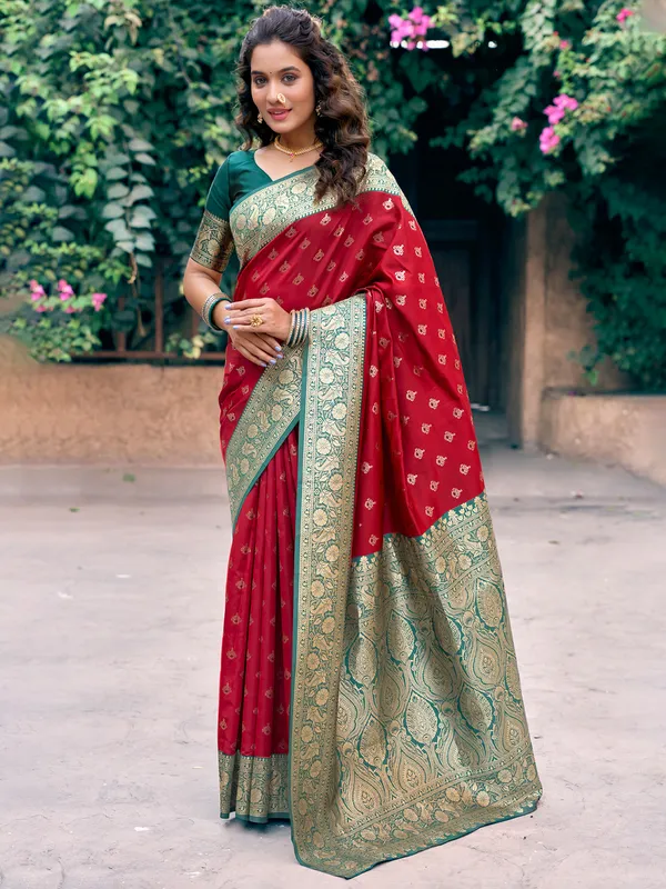 Red silk drape with zari pattern work