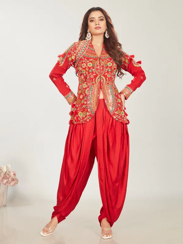 Red silk embroidery dhoti set