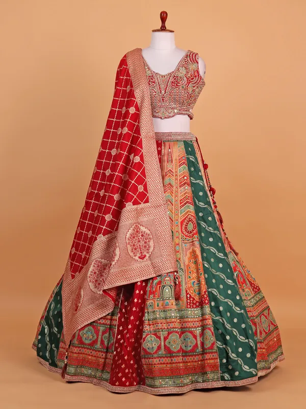 Red silk lehenga choli with zari work for women