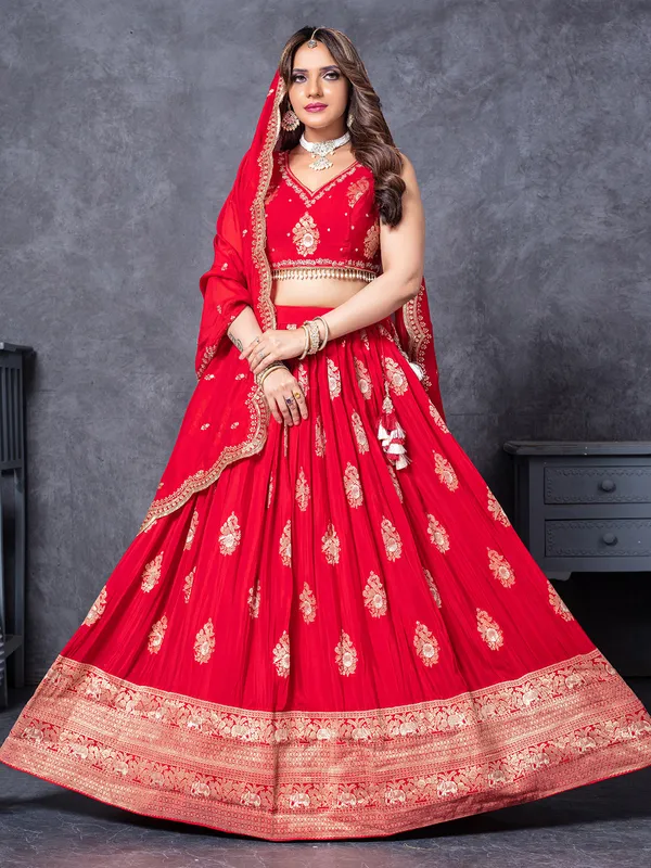 Red silk lehengac choli with zardosi embellishment
