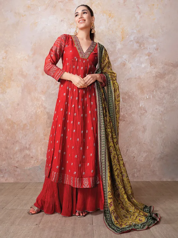 Red silk pakistani palazzo suit for wedding