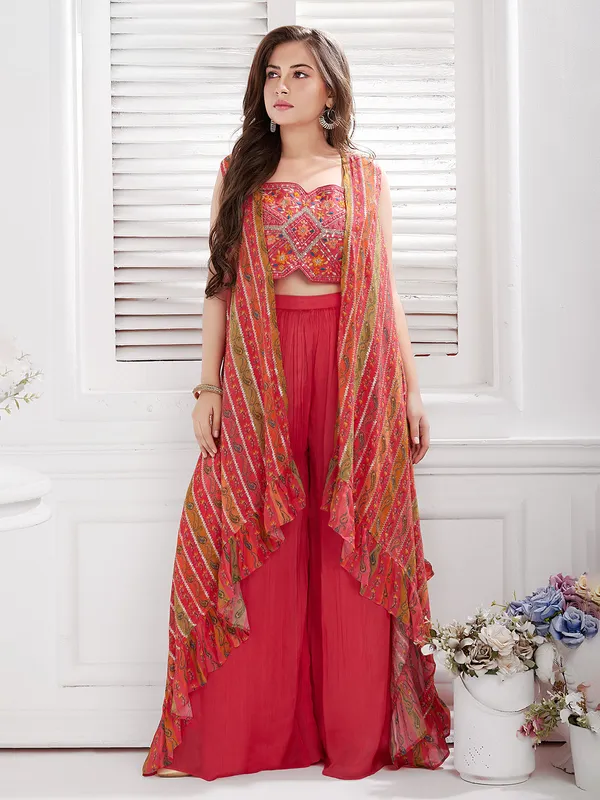 Red silk palazzo salwar suit with shrug