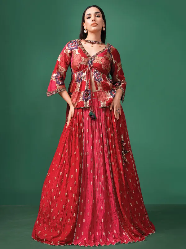 Red silk printed lehenga choli for wedding wear