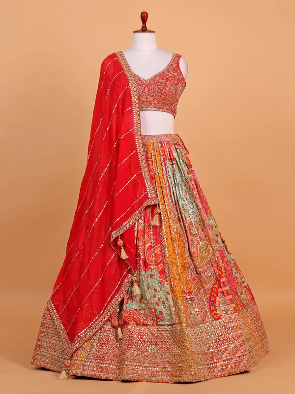 Red silk printed reception ready lehenga choli