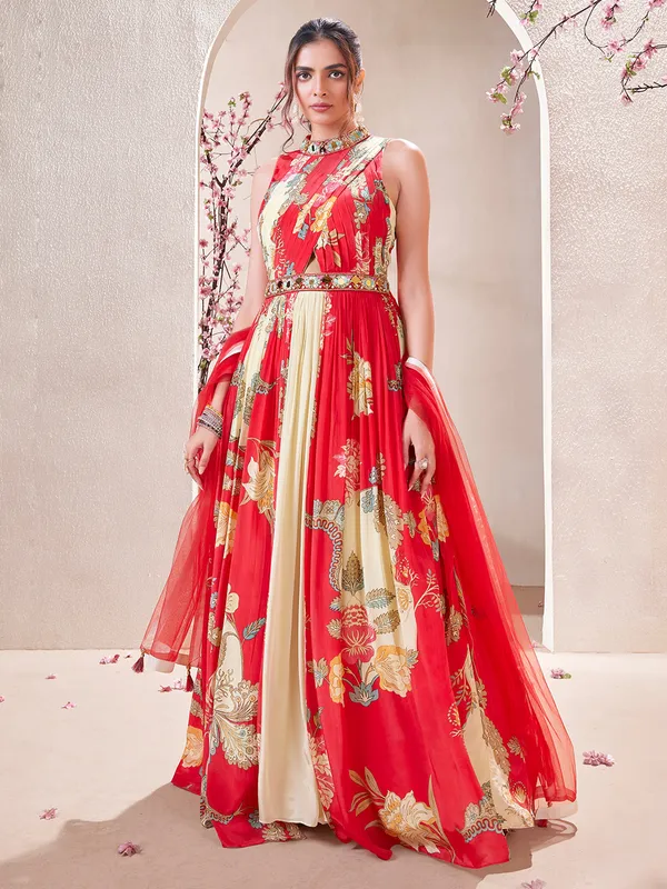Red silk printed salwar suit with dupatta
