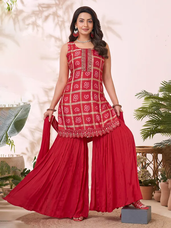 Red silk printed sharara suit for festive wear