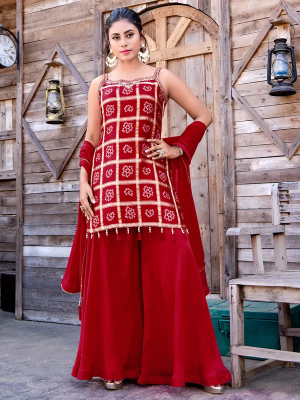 Red silk printed wedding wear palazzo suit