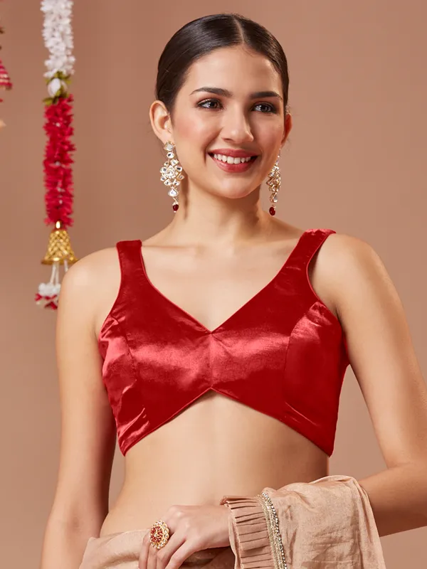 Red silk ready made blouse with sweetheart neck