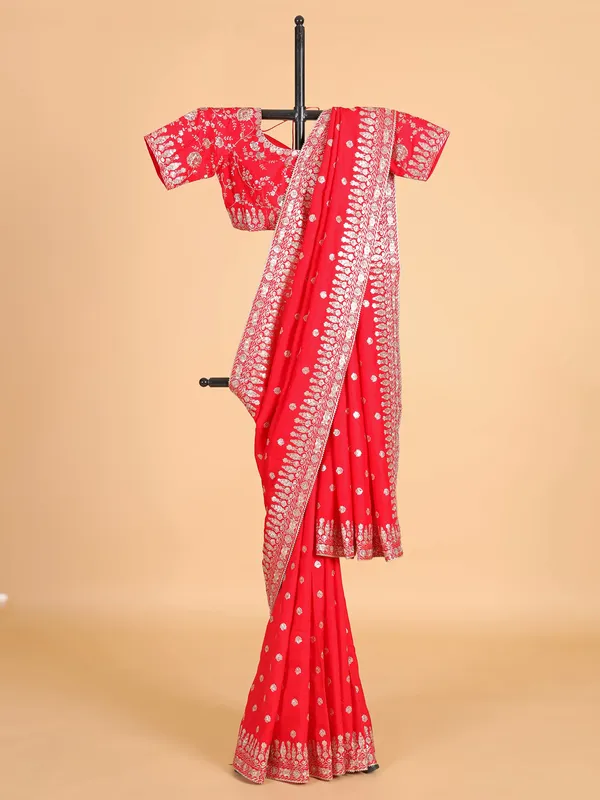 Red silk resham weaved saree for wedding