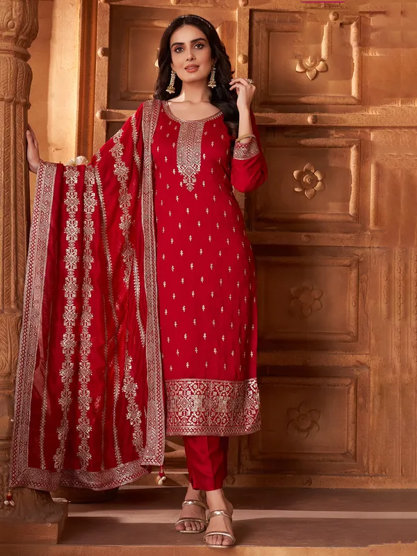 Red silk resham worked silk salwar suit