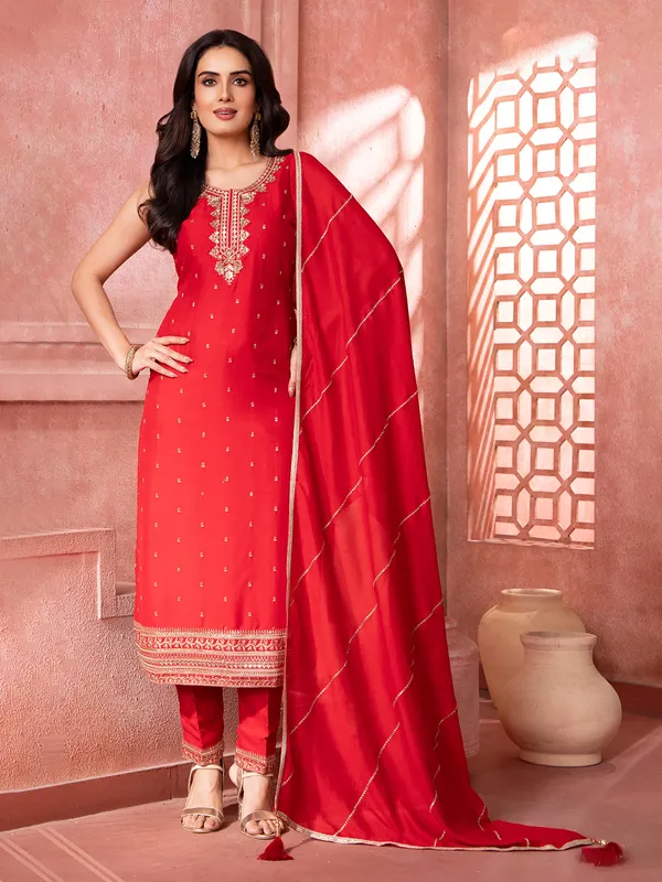 Red silk salwar suit with resham and sequins work