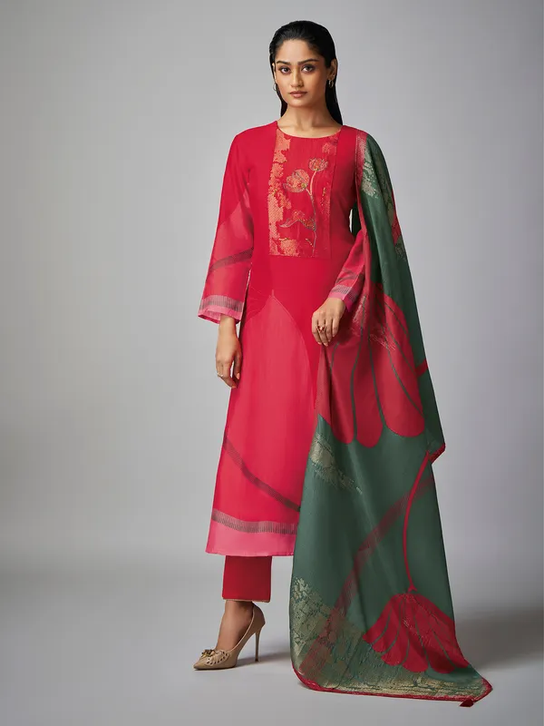 Red silk salwar suit with thread work