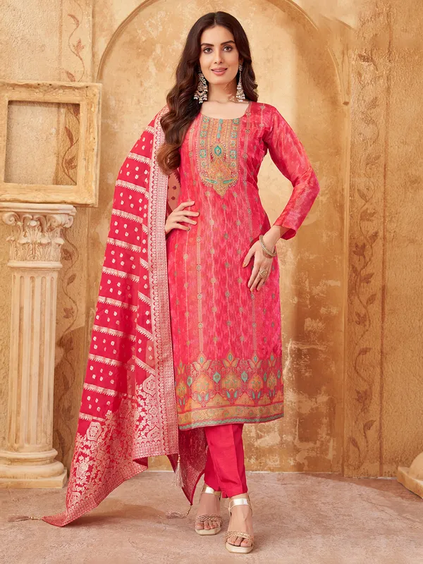 Red silk salwar suit with zari work