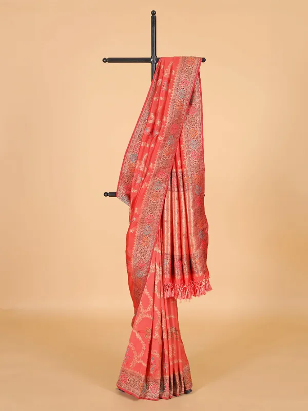 Red silk saree with colourful motifs