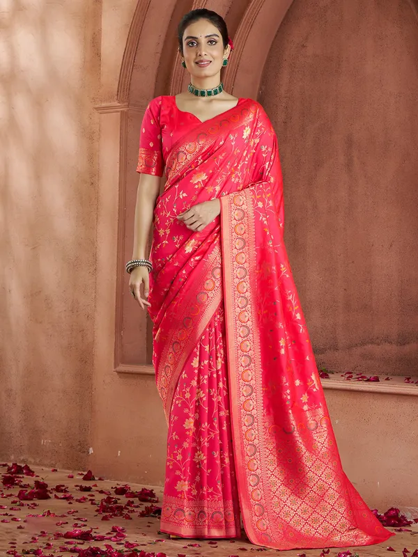Red silk saree with contrast border