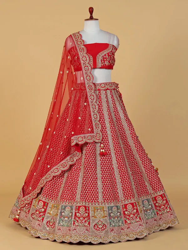 Red silk unstitched lehenga choli with dupatta